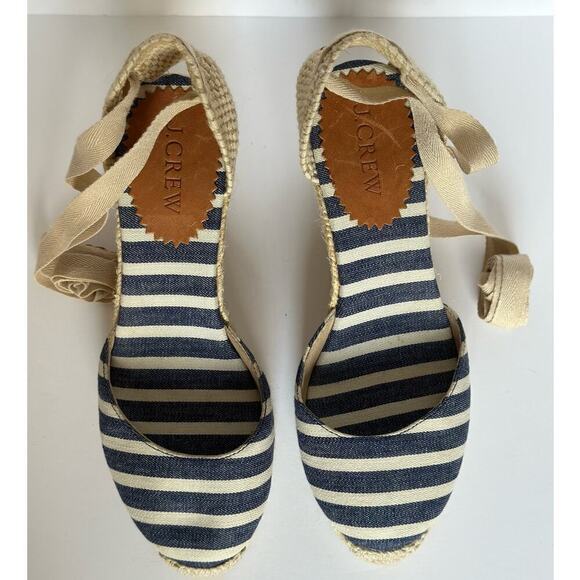 J Crew Espadrilles Wedge Heels Womens size 5 Ankle Lace Tie Striped Shoes - Picture 7 of 8